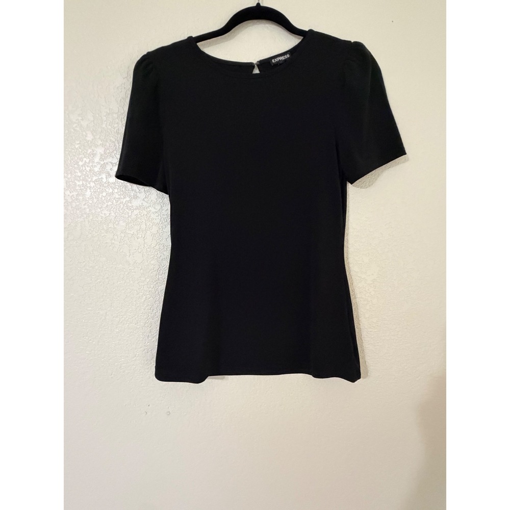 Express Women's Black Puff Short Sleeve Keyhole Back Crepe Blouse Top Medium